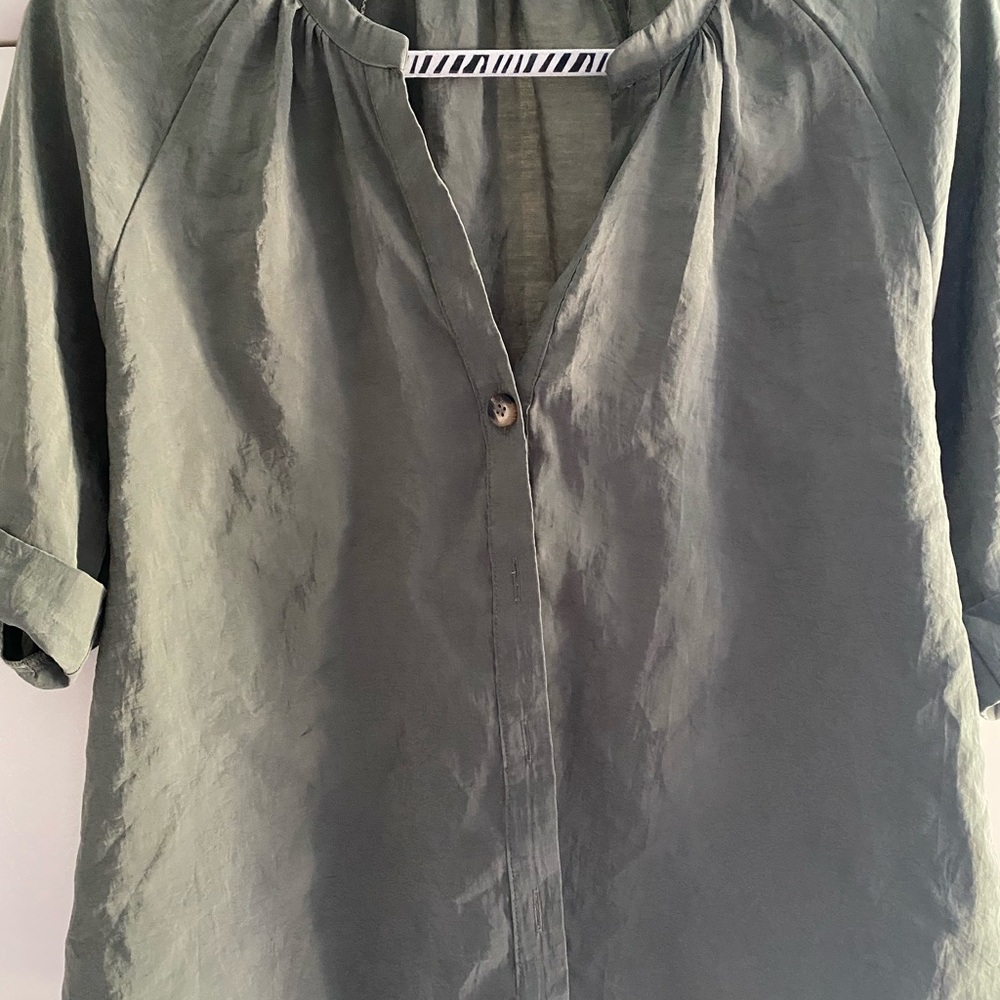 Zara green olive  Short Sleeve Mandarin Collar Blouse